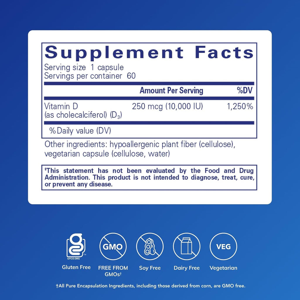 Pure Encapsulations Vitamina D3 250 mcg (10.000 UI) - 60 Cápsulas