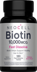 NeoCell Biotin 10000mcg Comprimidos de Disolución Rápida | 180 Comprimidos | Sabor a Bayas | Suplemento para Cabello, Piel y Uñas