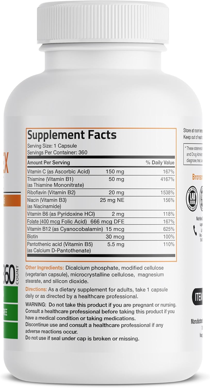 Bronson Complejo B con Vitamina C - 360 Cápsulas Vegetarianas | Apoyo Energético e Inmunitario