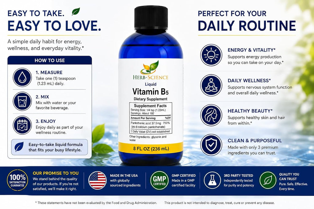 Líquido de Vitamina B5 (Ácido Pantoténico) – 192 Dosis – Alta Absorción – Vegano, Sin Alcohol, Sin OGM – 236 ml