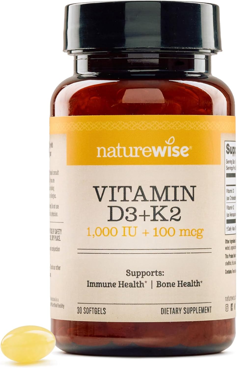 NatureWise Vitamina D3 1000 UI + K2 (MK7) 100 mcg - 30 Cápsulas Blandas con Aceite de Coco Orgánico