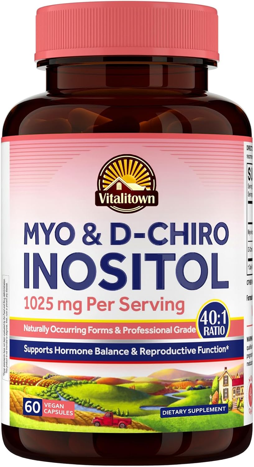 Vitalitown Inositol para Mujeres, Myo-Inositol y D-Chiro Inositol, Ratio 40:1, Apoyo Hormonal y Ovárico, Vitamina B8, Vegano, 60 Cápsulas, Sin Gluten