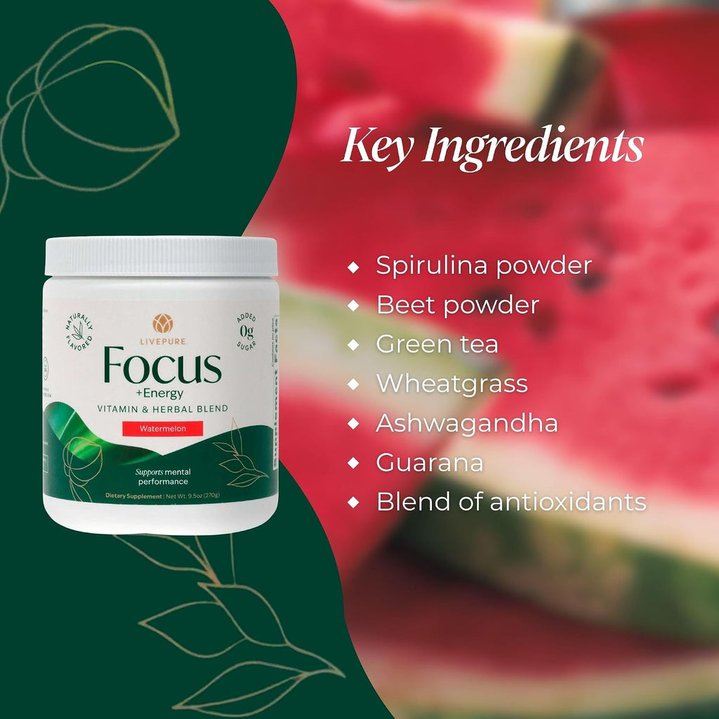 PURE Focus + Energy Mezcla para Bebida | Cafeína Natural y Antioxidantes | Apoya la Alerta y Energía | Sin Azúcar | 269 g | Sabor Sandía