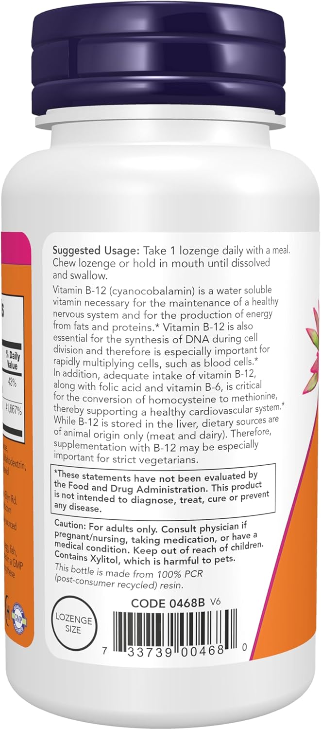 NOW Foods Vitamina B-12 1000 mcg con Ácido Fólico, 250 Comprimidos Masticables