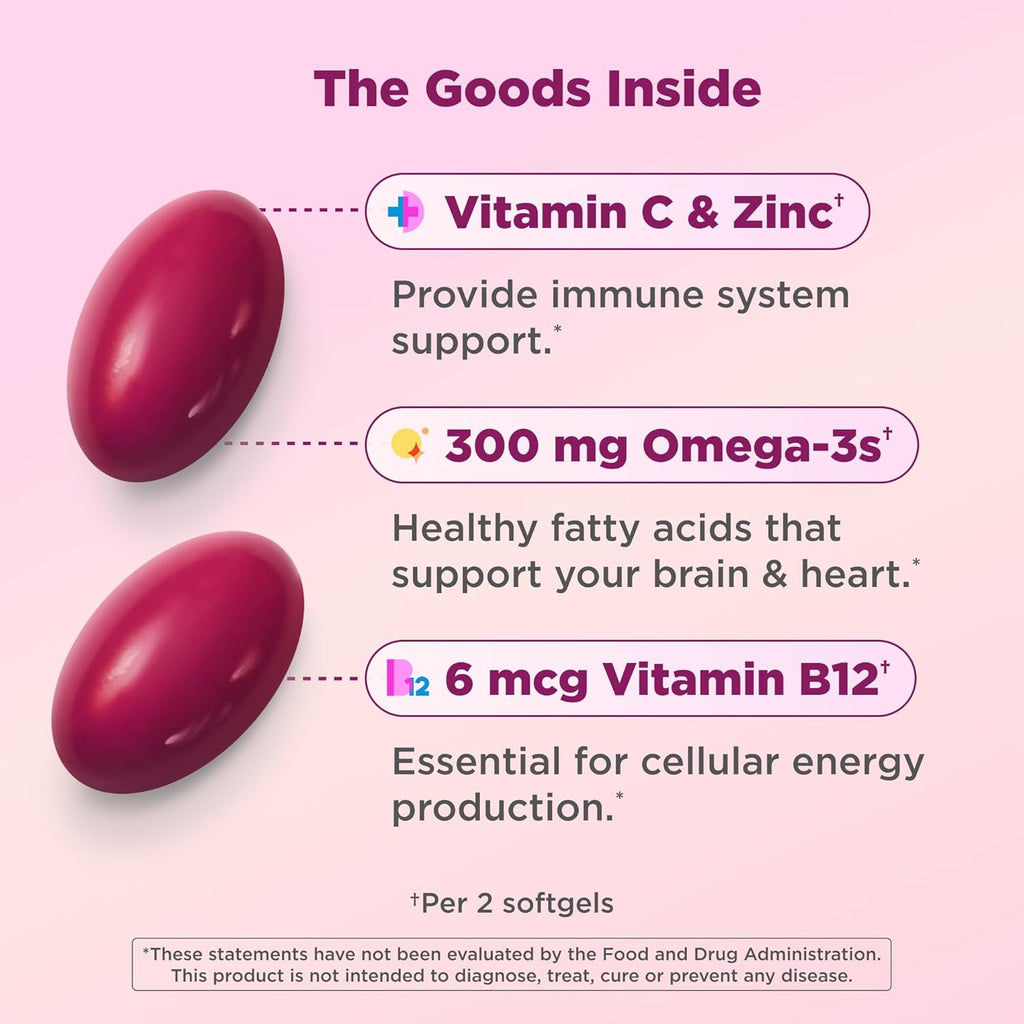 OLLY Ultra Strength Women's Multi Softgels - Multivitamínico diario para mujeres con Omega-3, Hierro y Vitaminas A, C, D, E, B12 - 60 cápsulas blandas