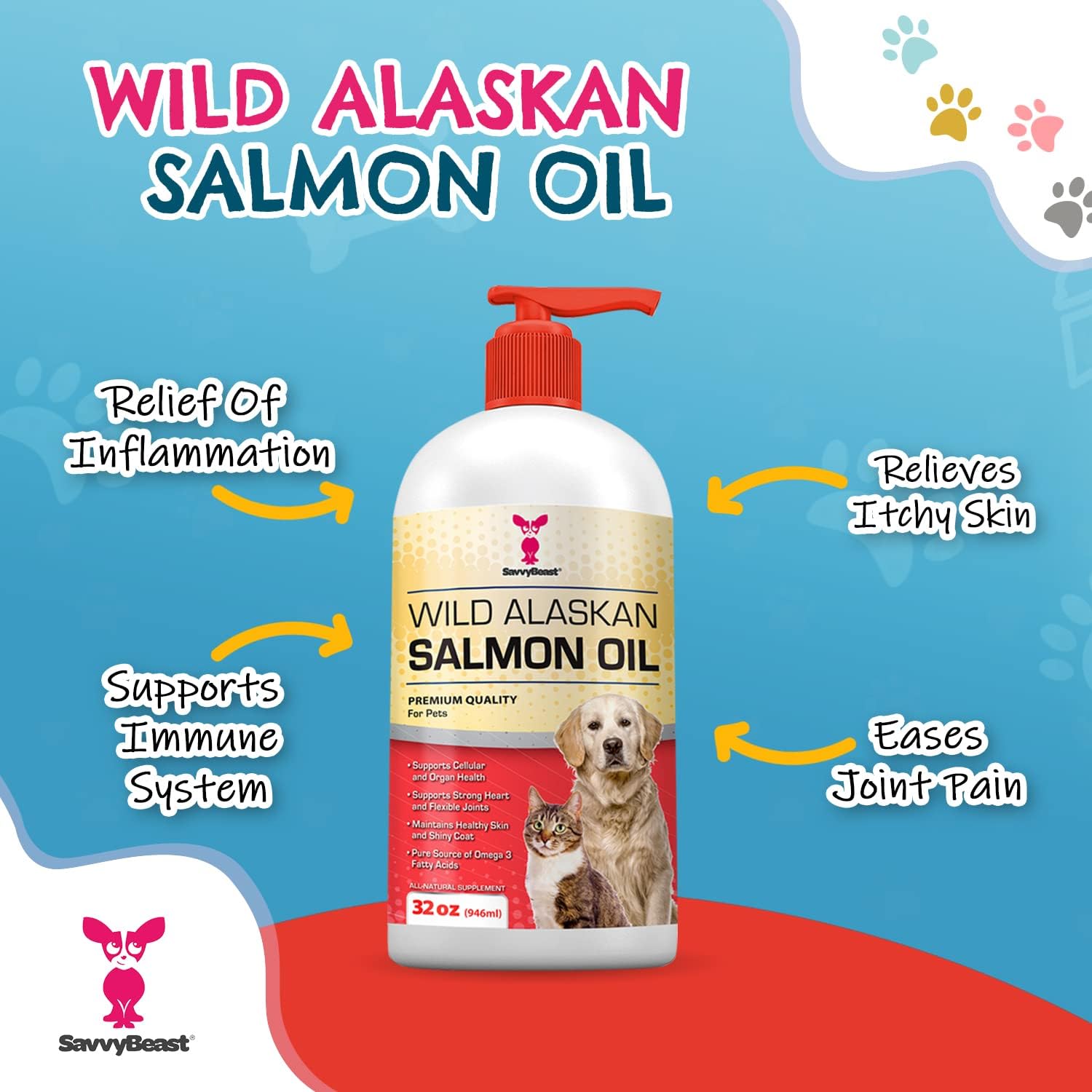 SavvyBeast Aceite de Salmón Salvaje de Alaska para Perros, Gatos y Hurones - 946 ml