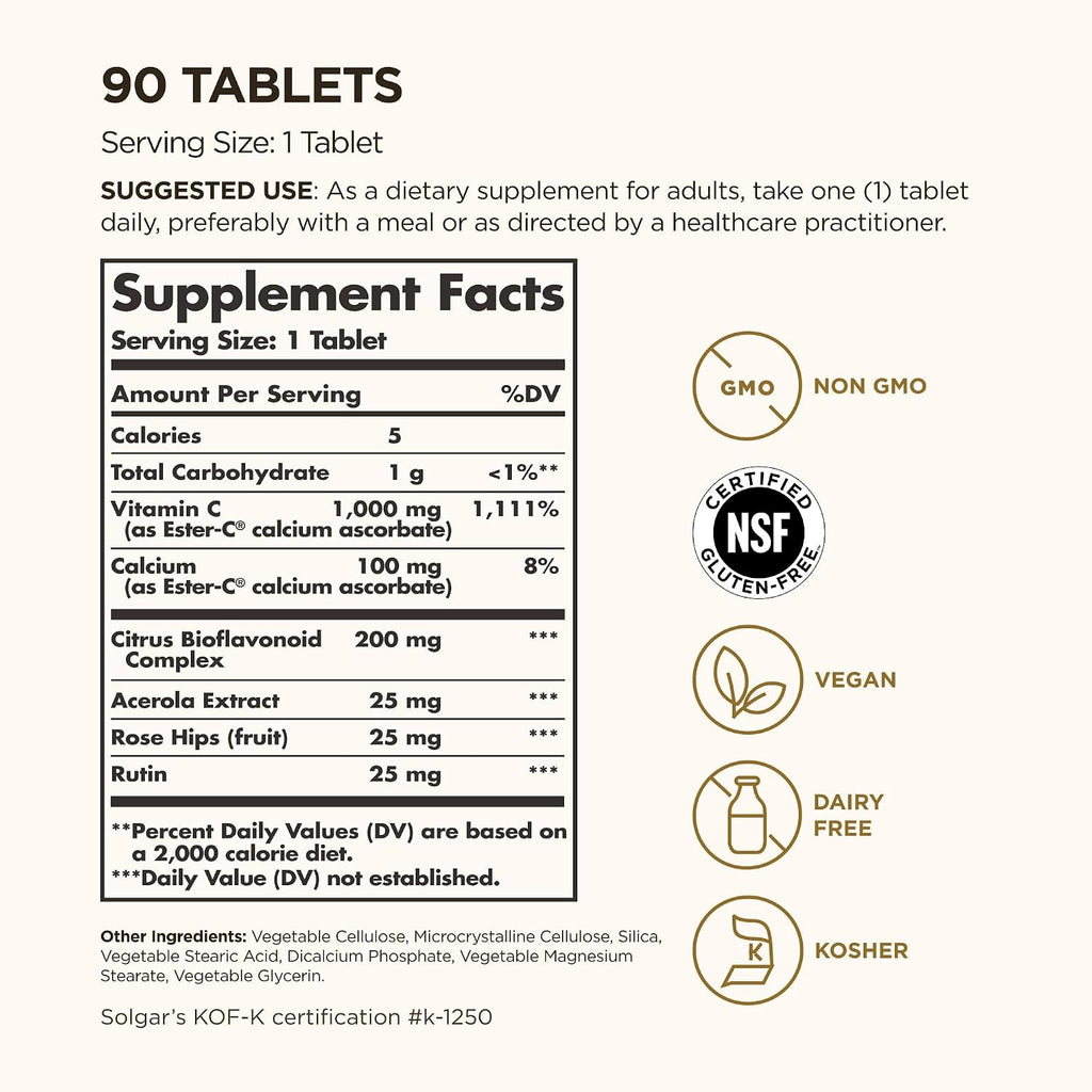 Solgar Ester-C Plus 1000 mg Vitamina C, 90 Comprimidos - Suave para el Estómago, No Ácido, Antioxidante y Apoyo Inmunológico - Sin Gluten, Vegano, Kosher