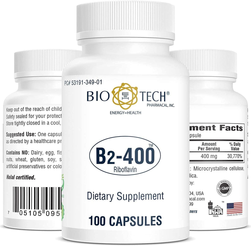 Bio-Tech Pharmacal B2-400, 100 Cápsulas – Suplemento de Riboflavina 400 mg – Sin Gluten, Sin OGM