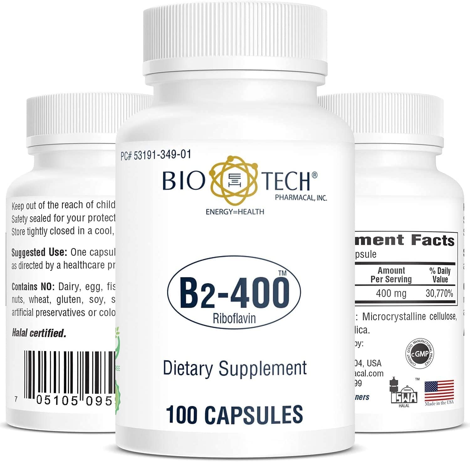 Bio-Tech Pharmacal B2-400, 100 Cápsulas – Suplemento de Riboflavina 400 mg – Sin Gluten, Sin OGM