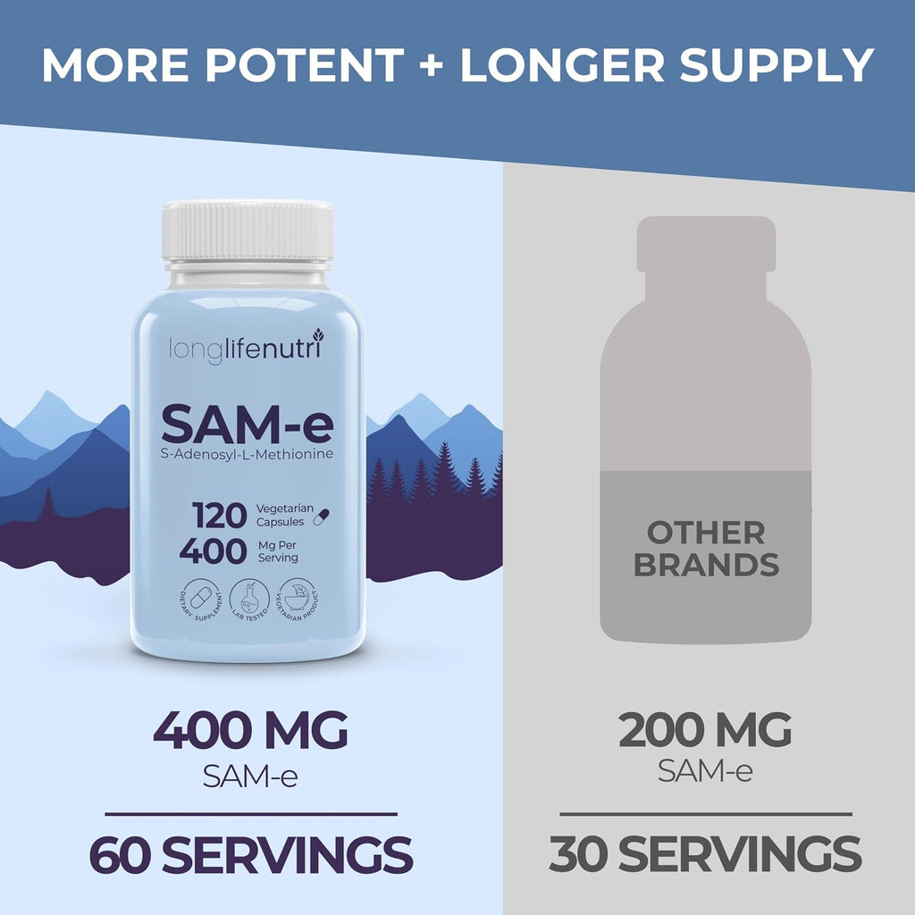 LongLifeNutri SAM-e 400 mg – 120 Cápsulas Vegetales, S-Adenosilmetionina Metilada para la Movilidad Articular, Suministro de 2 Meses, Sin Rellenos, Certificado GMP, Fabricado en EE. UU.