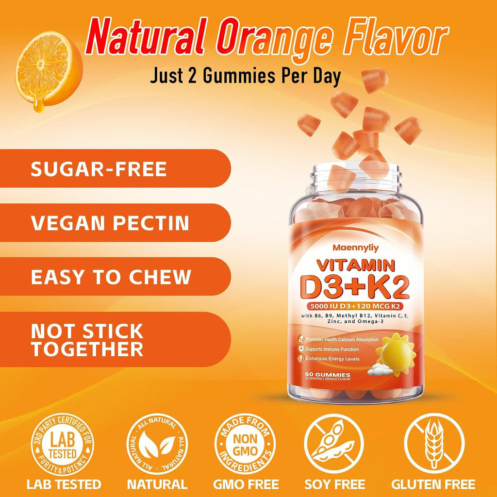 Maennyliy Vitamin D3 K2 Gummies - 5000IU D3 + 120mcg K2 (MK-7) - Sin Azúcar con Omega-3, Metil B12, B9, B6, Vitamina C, E, Magnesio y Zinc