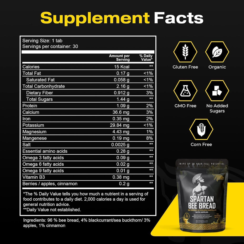 Spartan Bee Bread Chewables – Multivitamínico Natural de Pan de Abeja, Polen, Propóleo y Jalea Real