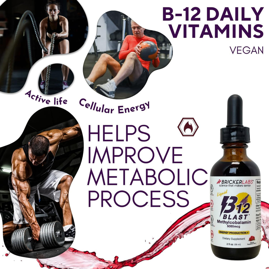 Bricker Labs B12 Blast Methylcobalamin 5000mcg, Great Tasting Sublingual Liquid Energy Vitamins -Vegan B12 Vitamins, Sustained Energy and Cellular Health Supplement - 59-Day Servings