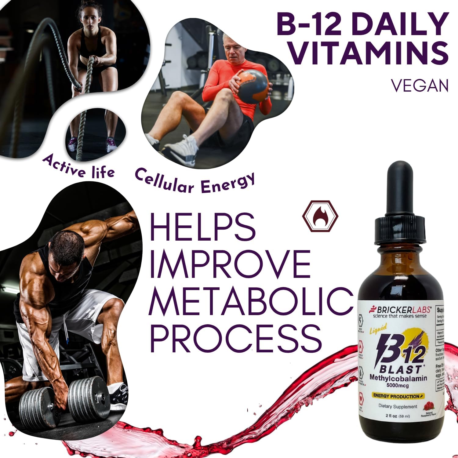 Bricker Labs B12 Blast Methylcobalamin 5000mcg, Great Tasting Sublingual Liquid Energy Vitamins -Vegan B12 Vitamins, Sustained Energy and Cellular Health Supplement - 59-Day Servings