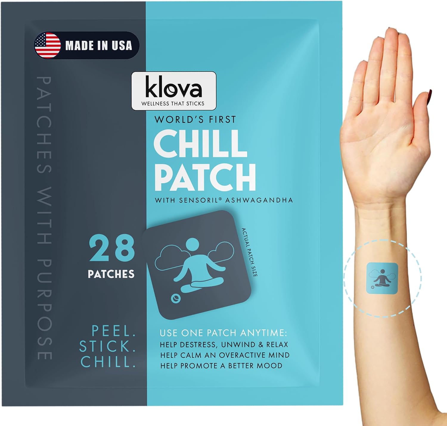 Klova Chill Parches Transdérmicos con Ashwagandha Sensoril, Rhodiola Rosea, Pasiflora, Jengibre, L-Teanina y GABA para Relajación y Bienestar