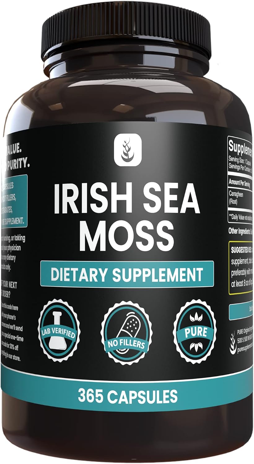 PURE ORIGINAL INGREDIENTS Irish Sea Moss (365 Cápsulas) Siempre Puro, Sin Aditivos ni Rellenos, Verificado en Laboratorio