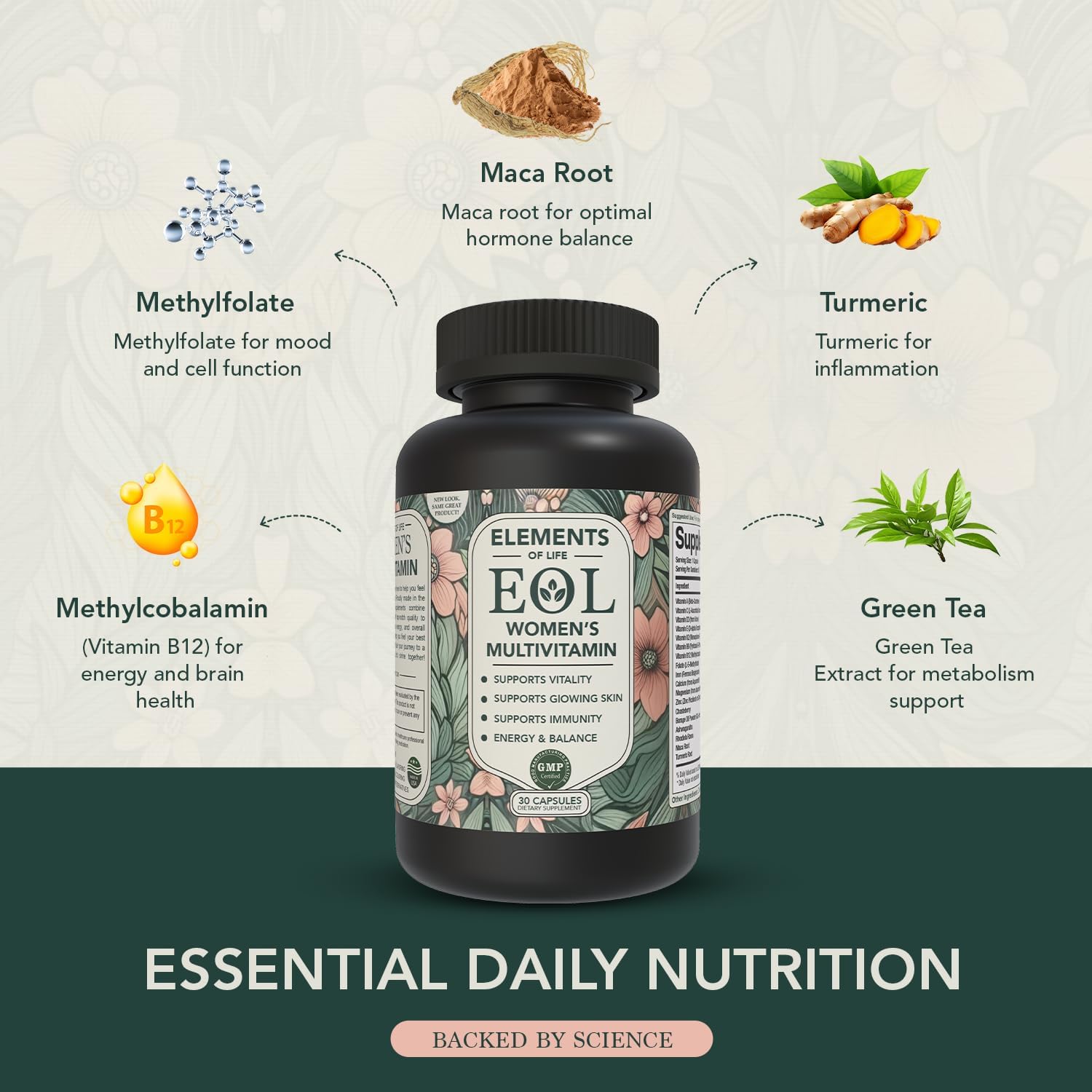 Elements of Life Multivitamínico para Mujeres – Con Metilfolato, Ingredientes Orgánicos y Adaptógenos