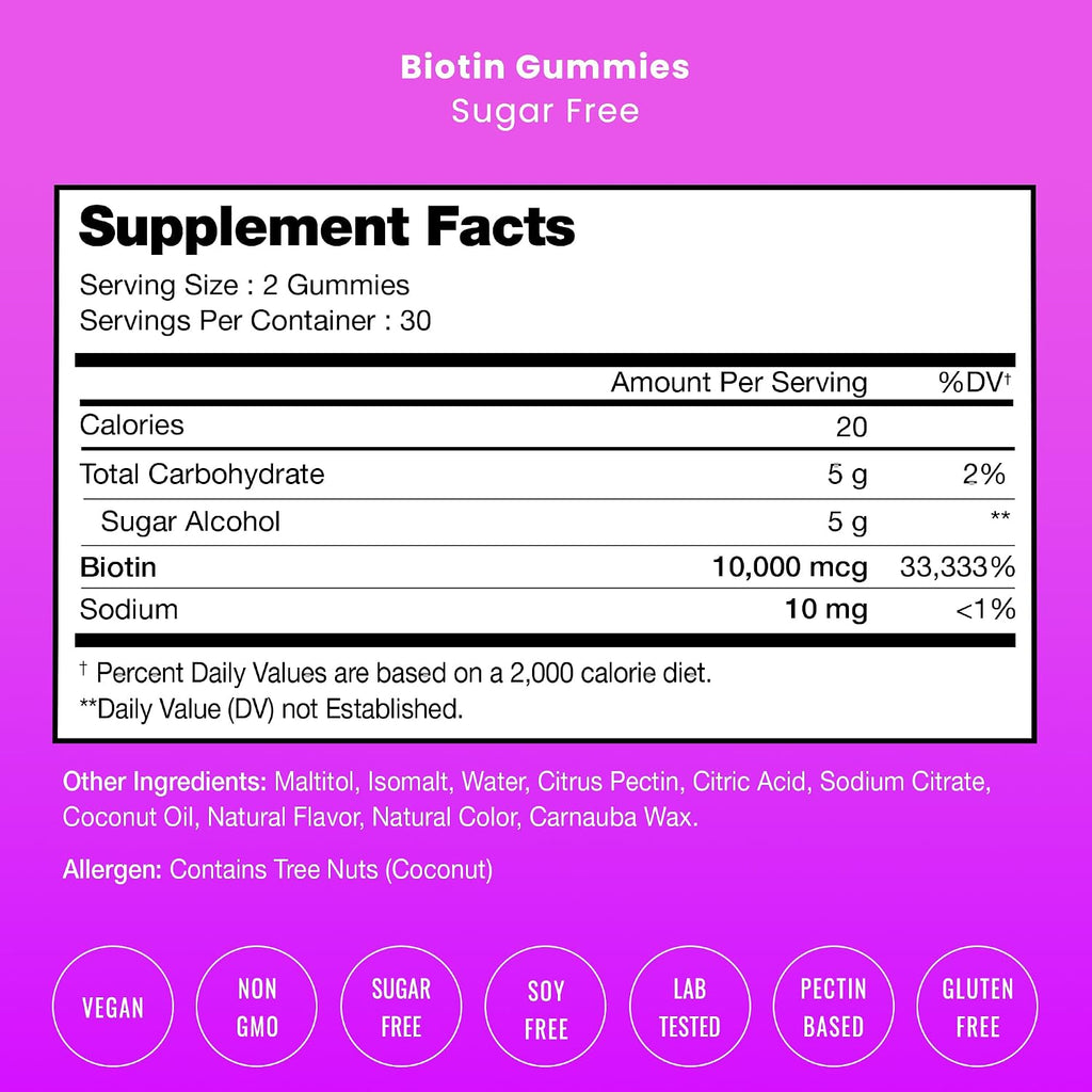 NutraChamps Gominolas de Biotina sin Azúcar 10000mcg - Alta Potencia - Cabello, Piel y Uñas Saludables - Vegano, No-GMO - Sabor Frambuesa