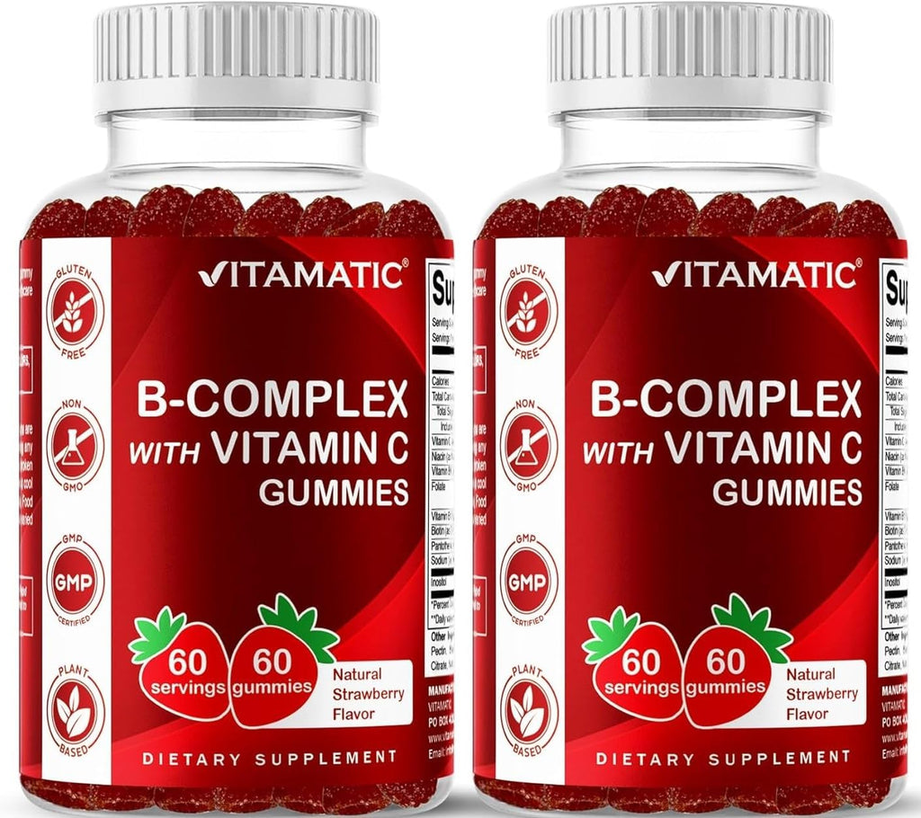 Vitamatic Complejo B Gummies con Vitamina C e Inositol - Sabor Fresa Natural - 60 Gominolas (2 Frascos)