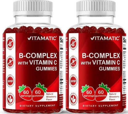Vitamatic Complejo B Gummies con Vitamina C e Inositol - Sabor Fresa Natural - 60 Gominolas (2 Frascos) – Image 1