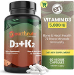 EarthNutri Vitamina D3 + K2 5000 UI con MenaQ7 y Aquamin, 60 Cápsulas