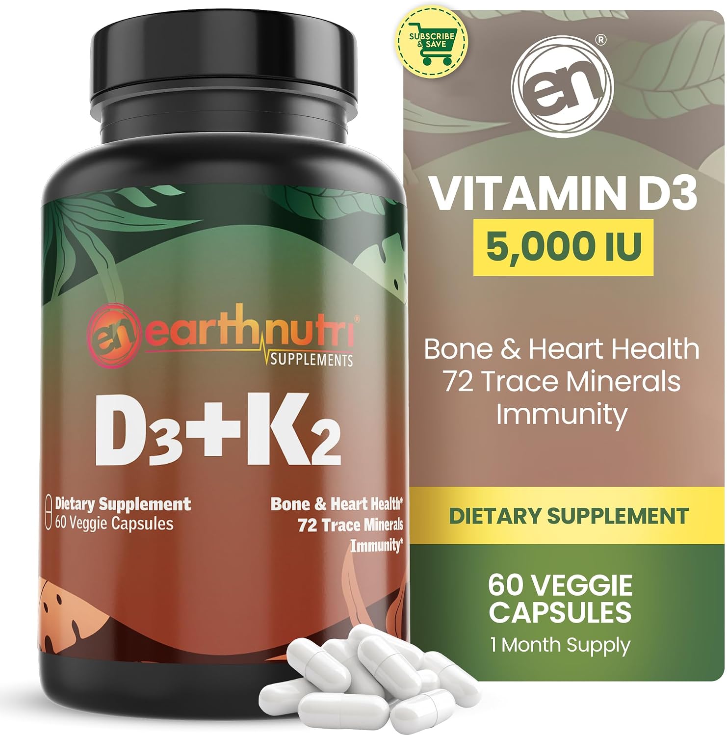 EarthNutri Vitamina D3 + K2 5000 UI con MenaQ7 y Aquamin, 60 Cápsulas
