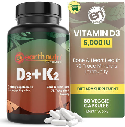 EarthNutri Vitamina D3 + K2 5000 UI con – La absorción y utilización normal del calcio y del fósforo. – Image 1