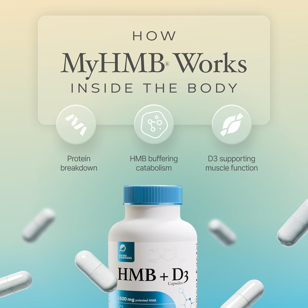 Prime Powders HMB + Vitamina D3, 1500mg HMB y 2000 UI D3 por dosis, 120 cápsulas