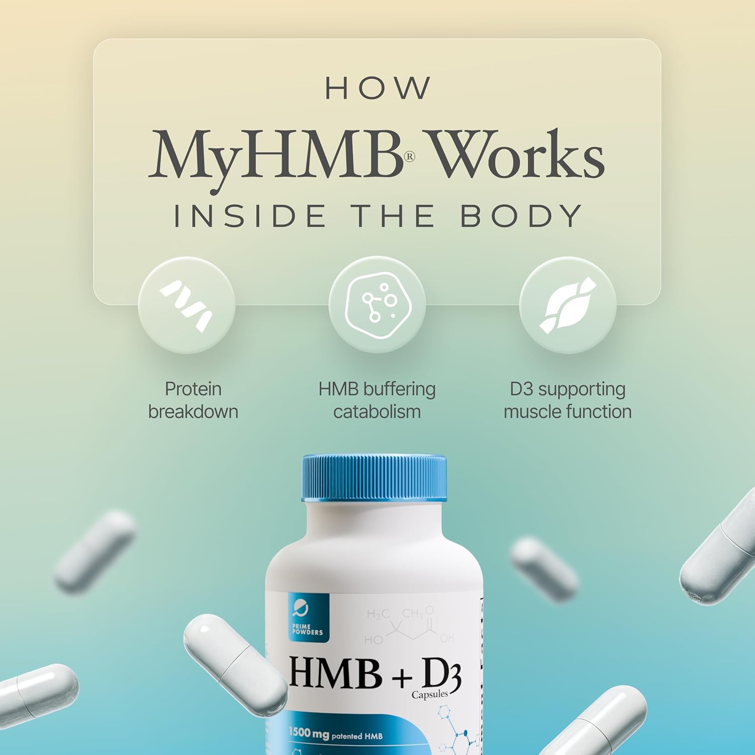 Prime Powders HMB + Vitamina D3, 1500mg HMB y 2000 UI D3 por dosis, 120 cápsulas