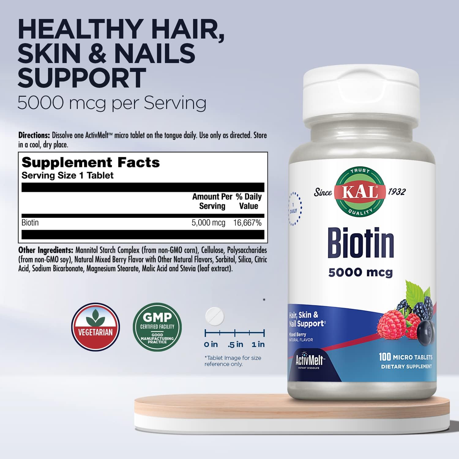 Kal Biotina 5000 mcg, tabletas sabor a bayas mixtas, 100 unidades