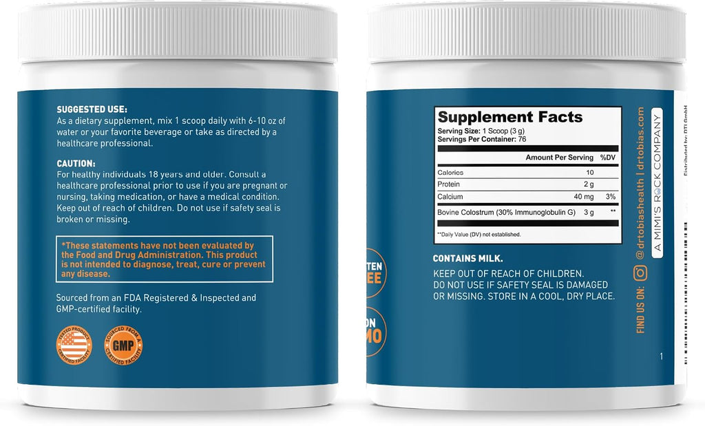 Dr. Tobias Calostro Bovino en Polvo - Suplemento Premium para el Sistema Inmunitario, Salud Intestinal y Recuperación Muscular | 3g por Servicio, Mínimo 30% IgG, Sin Sabor (227 g - 76 Servicios)
