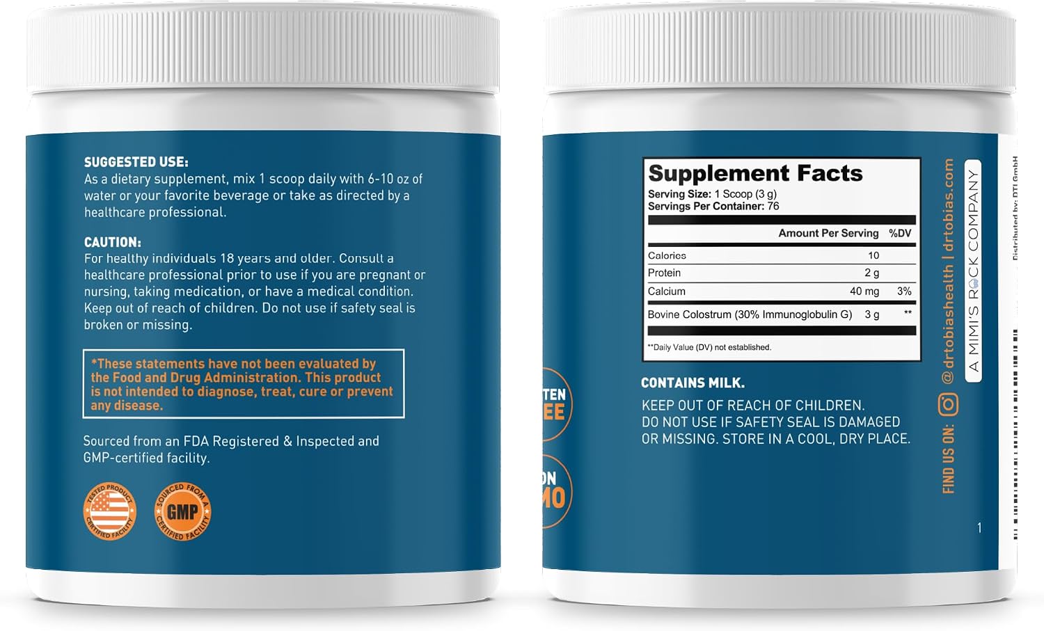 Dr. Tobias Calostro Bovino en Polvo - Suplemento Premium para el Sistema Inmunitario, Salud Intestinal y Recuperación Muscular | 3g por Servicio, Mínimo 30% IgG, Sin Sabor (227 g - 76 Servicios)