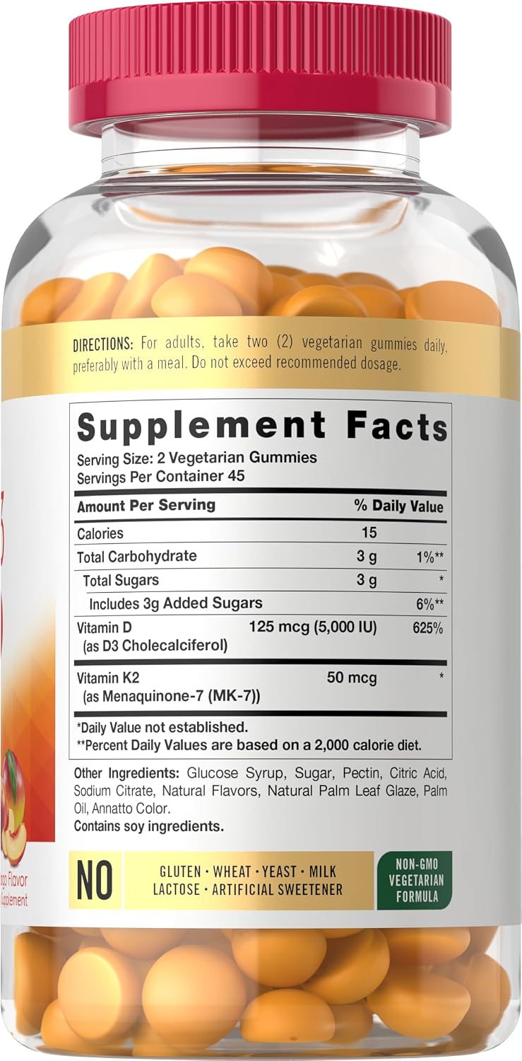 Carlyle Vitamina D3 K2 Gominolas | 90 Unidades | 5000 IU D3 + 50 mcg MK7 | Sabor Melocotón Mango | Vegetariano, Sin Gluten, No GMO