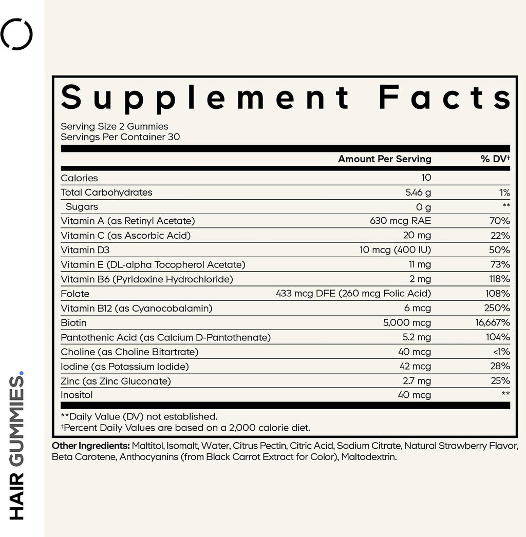 Codeage Hair Gummies - Biotina 5000 mcg - Gominolas sin Azúcar con Vitaminas y Minerales - 60 uds