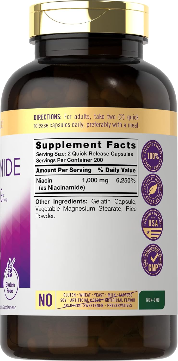 Carlyle Niacinamida 1000 mg | 400 Cápsulas | Fórmula de Alta Potencia | No-GMO, Sin Gluten