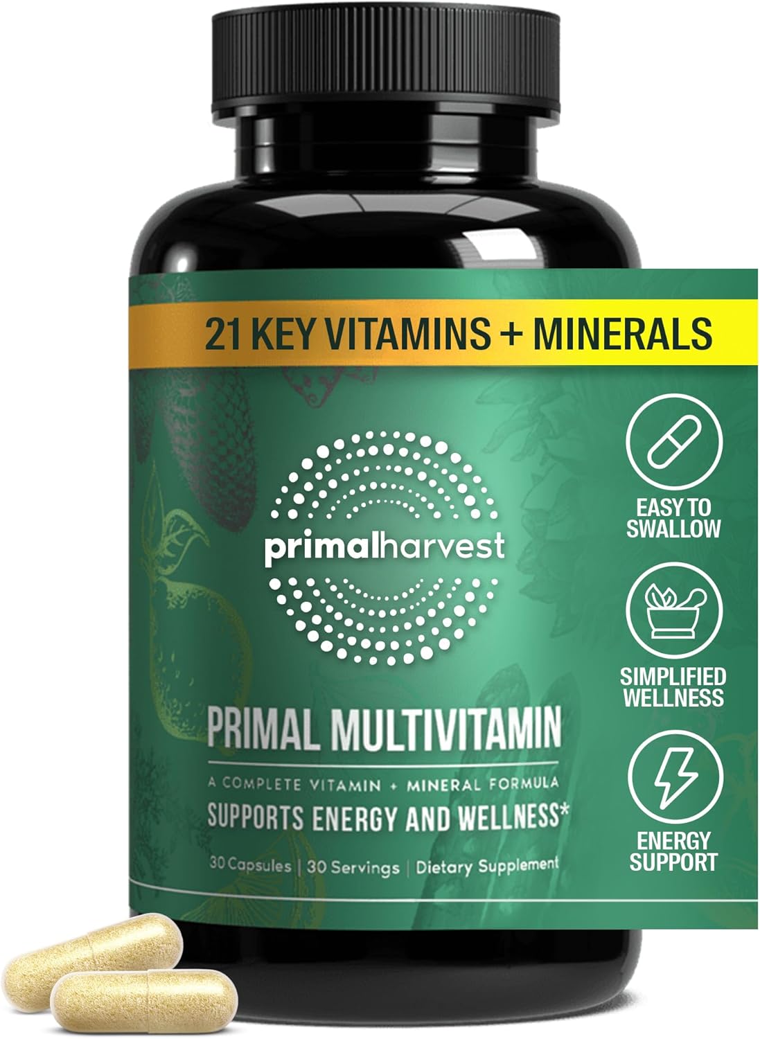 Primal Harvest Multivitamínico - Complejo Multivitamínico Diario con 21 Vitaminas y Minerales Esenciales para Hombres y Mujeres (2 Envases de 30 Cápsulas)