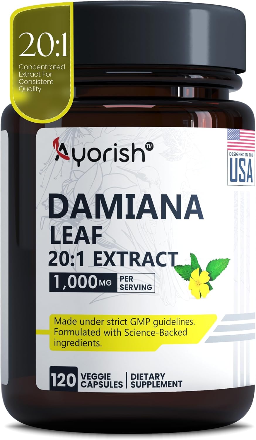 Damiana Capsules 1000mg 120 Count Damiana Leaf Extract 20:1 Herbal Supplement Plant Based Botanical Capsules Vegan Non GMO Dietary Supplement