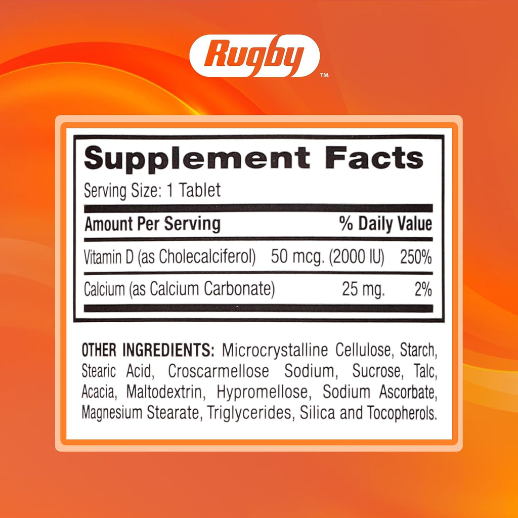 Rugby Vitamina D3 2000 IU (50 mcg) - Suplemento diario de vitamina D3 sin gluten para huesos, dientes e inmunidad - 100 comprimidos