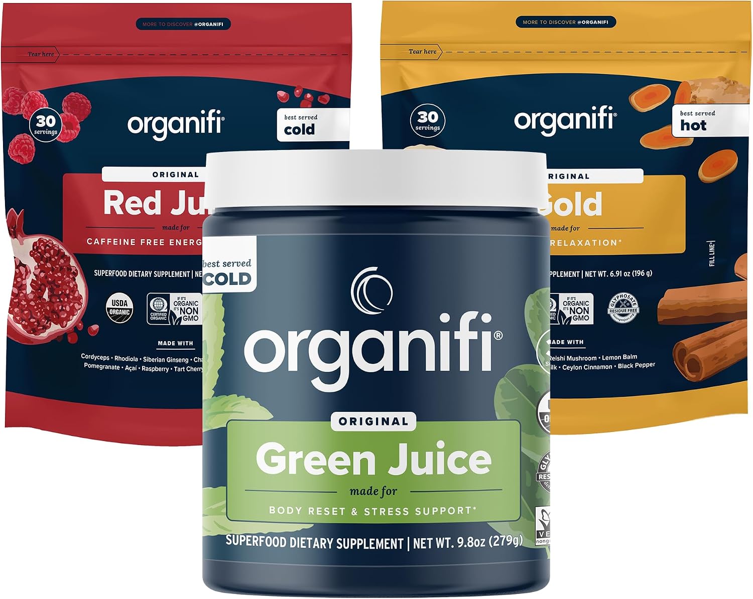 Organifi Sunrise to Sunset Power Box (9.5 Oz. Cada uno) - Superalimentos Ecológicos en Polvo - Green Juice, Red Juice, Golden Milk - 30 Días - Vegano