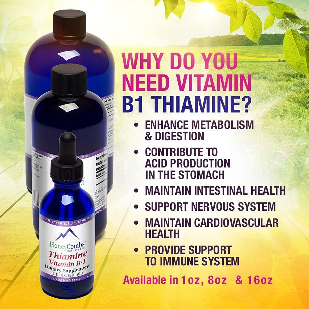 HoneyCombs Suplemento de Vitamina B1 (Tiamina) Gotas Líquidas - Alta Potencia para Hombres y Mujeres - Mantiene el Sistema Nervioso, la Energía y la Salud General - Vitaminas B Veganas (237 ml)