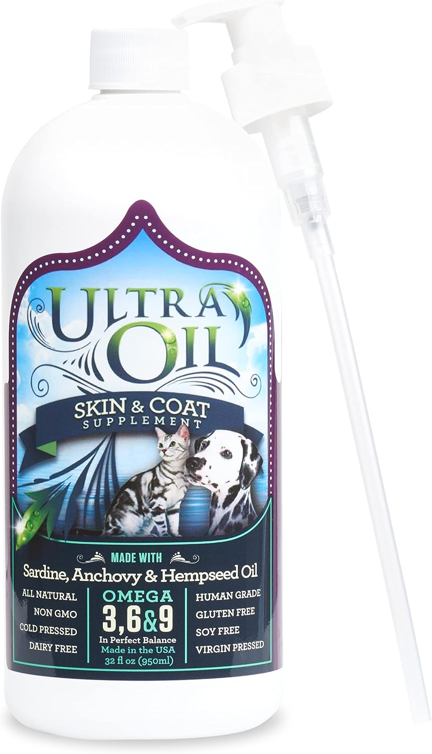 Ultra Oil Suplemento para Piel y Pelaje de Perros y Gatos con Aceite de Pescado, Cáñamo, Linaza y Uva - 3.785 Litros