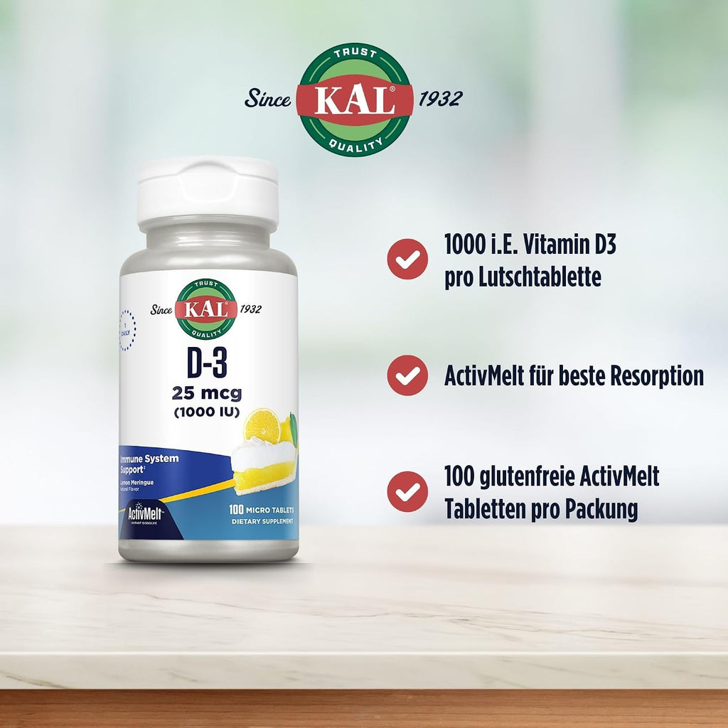 KAL Vitamina D3 1000 UI - 100 Comprimidos ActivMelt Sabor Limón Natural