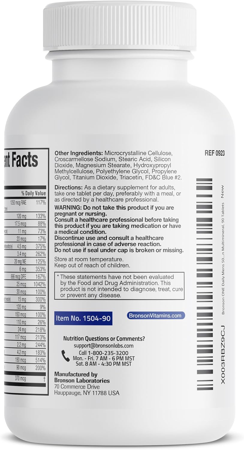 Bronson ONE Daily Multivitamínico para Hombres 50+ Completo, 90 Comprimidos