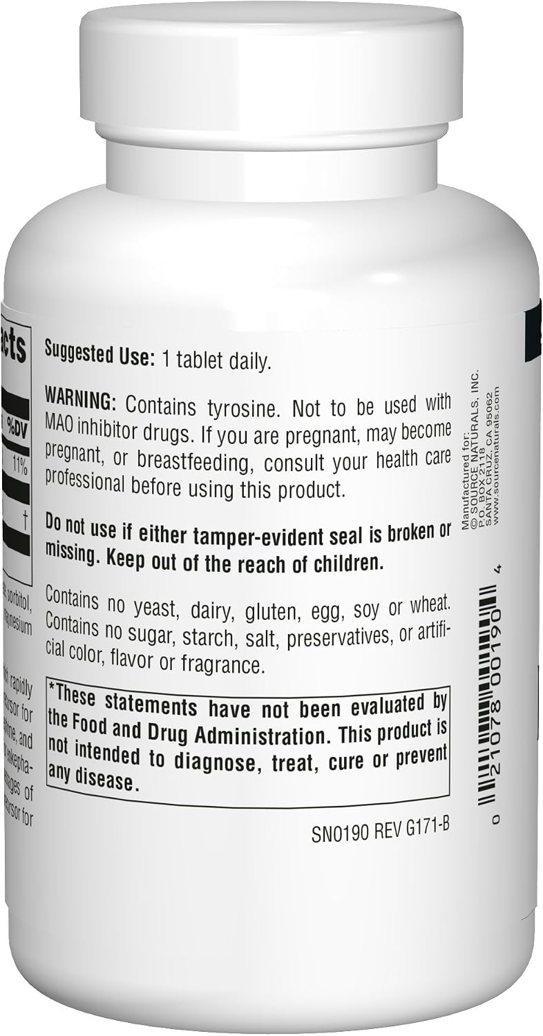 Source Naturals L-Tyrosine 500mg Free Form Amino Acid - 100 Tablets (Pack de 3)