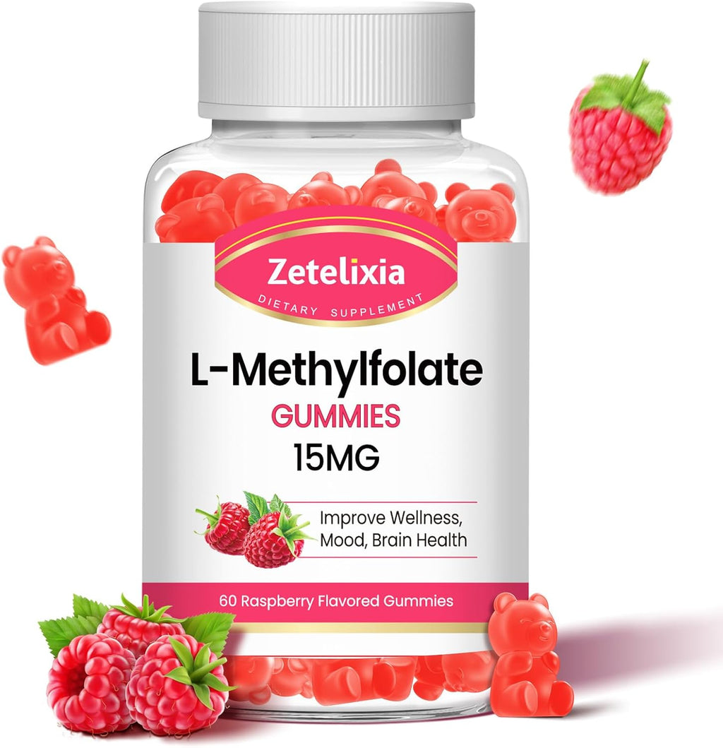 Zetelixia L-Metilfolato 15mg y Metil B12 Gominolas - Suplemento de Folato para la Salud Cerebral, Estado de Ánimo e Inmunidad - Sin Azúcar, Vegano, Sabor Frambuesa, 120 Unidades (2 Envases)