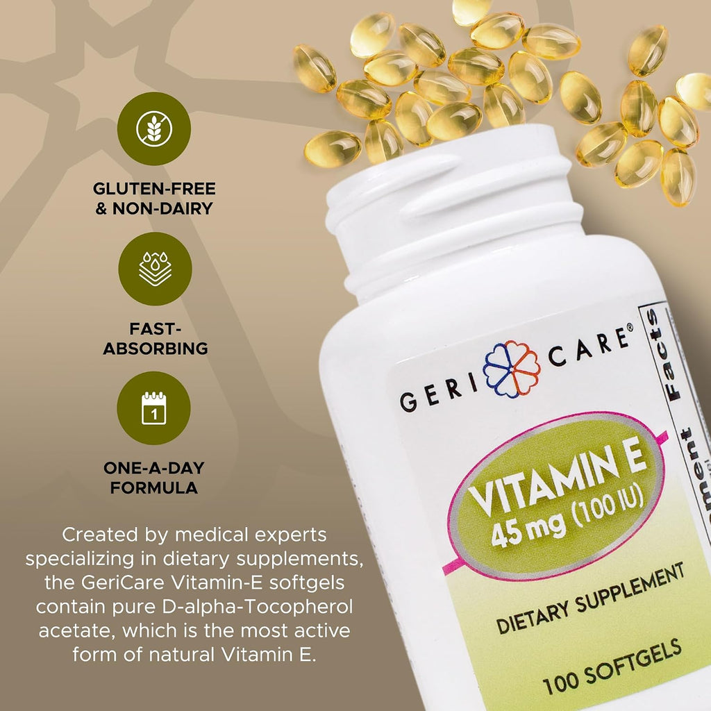 GeriCare High-Potency Vitamin E Capsules – 100 IU for Skin & Immune Support, 45mg | 100 Count | Organic Vitamin E for Women and Men