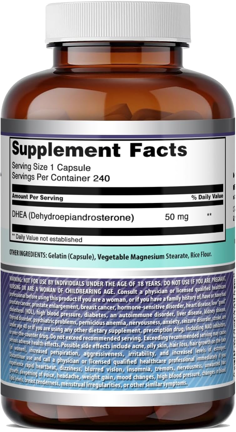 Amazing Formulas DHEA 50 mg por ración | Dehidroepiandrosterona | 240 Cápsulas | No-OGM | Sin Gluten