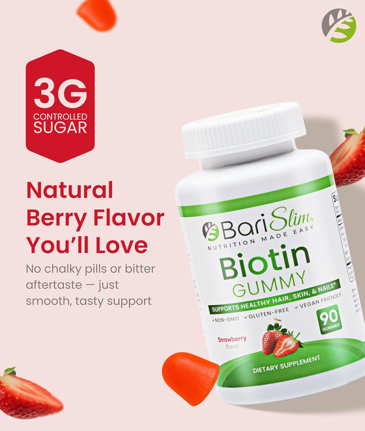 BariSlim Biotina 5000 mcg Gomitas - Suplemento de Biotina para el Cabello, Piel y Uñas - Fácil Digestión - Sabor Fresa Natural - 90 Gomitas