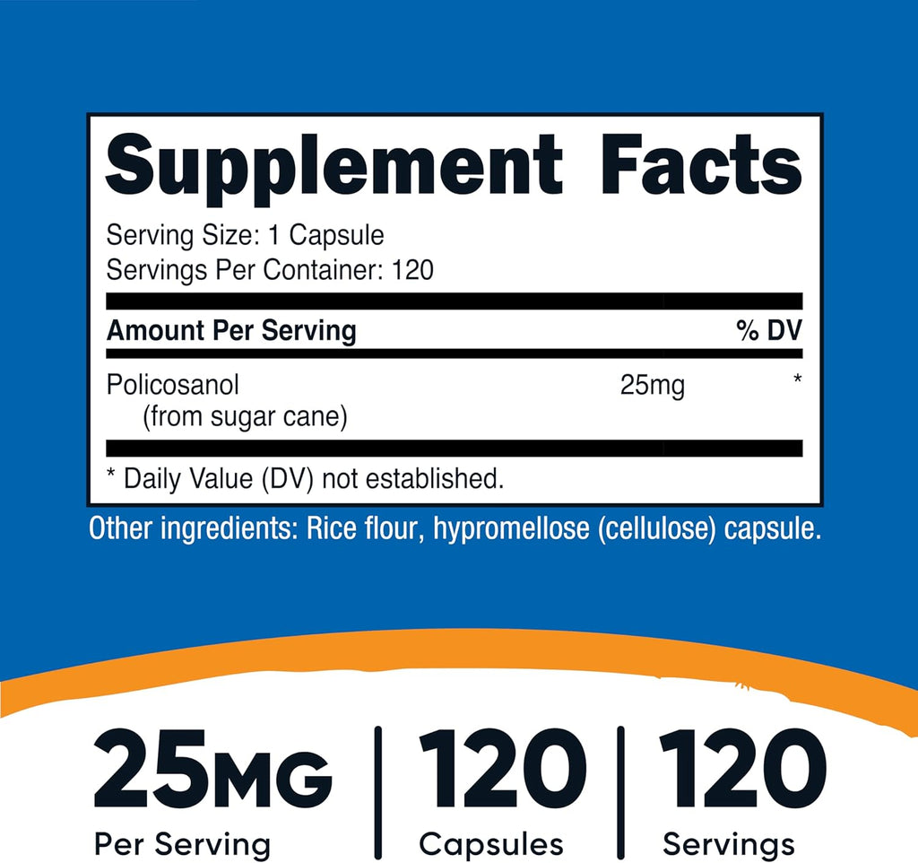 Nutricost Policosanol 25mg, 120 Cápsulas - Sin Gluten, No Transgénico, Apto para Vegetarianos
