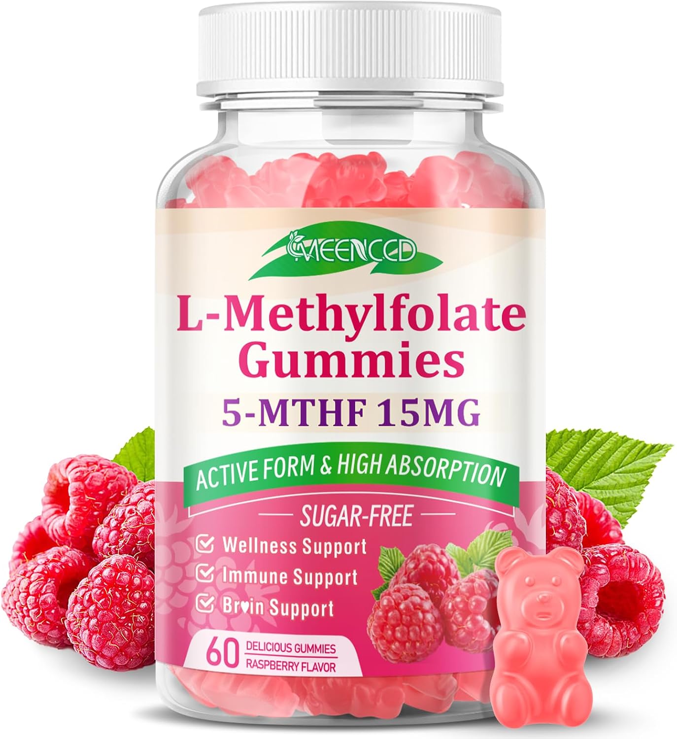 MEENCCD L-Methylfolate Gummies - Complemento de Metilfolato Activo 5-MTHF, 60 Gomitas Veganas Sabor Frambuesa